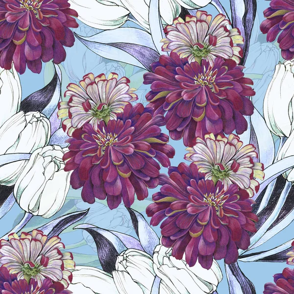 Watercolor  blooming flowers tulip with zinnia on blue background. Seamless pattern  with floral composition for decorations textiles and papers.