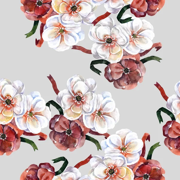 Akvarell Virágzó Virágok Alma Szalaggal Szürke Háttér Zökkenőmentes Minta Virágkompozícióval — Stock Fotó