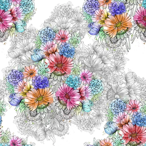 Watercolor  blooming flowers with her shade on white background. Seamless pattern  with floral composition for decorations textiles and papers.