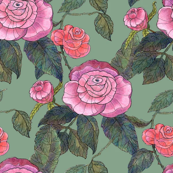 Garden Flowers Rose Painted Watercolor Seamless Pattern Green Background Illustration — Stock Photo, Image