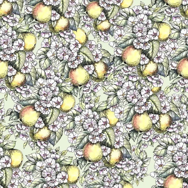 Kwiaty Liśćmi Gruszkami Rysują Kolorowe Ołówki Atrament Kompozycja Wiosenna Płynny — Zdjęcie stockowe