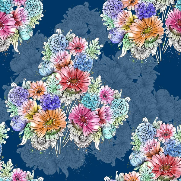 Flores Jardim Pintadas Aquarela Padrão Sem Costura Fundo Azul Ilustração — Fotografia de Stock