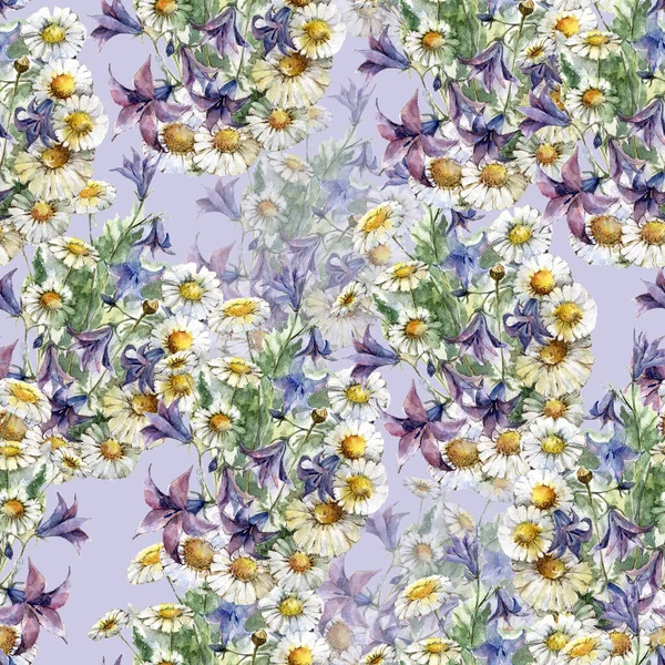 Wiesenblumen Aquarell Gemalt Nahtloses Muster Auf Blauem Hintergrund Illustration Zur — Stockfoto