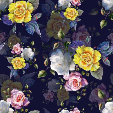 Menekşe arka planda farklı güller. Suluboya ve fotoğrafla boyanmış çiçekler. Dekorasyon duvar kağıtları ve kumaşlar için çiçeksiz desen.