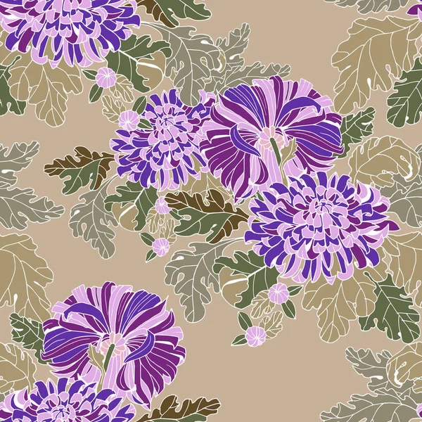 Garden Flowers Chrysanthemum Leaves Floral Seamless Pattern Beige Background — Stock Photo, Image