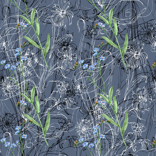 Acuarela Flores Silvestres Azules Con Flores Gráficas Sobre Fondo Gris —  Fotos de Stock