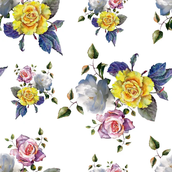 Different Roses White Background Flowers Painting Watercolor Photo Floral Seamless — Foto de Stock