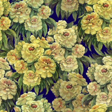 Mavi arka planda yaprakları olan suluboya çiçekleri. Dekorasyonlar, tekstil ve kağıtlar için çiçek bileşimine sahip kusursuz desen.