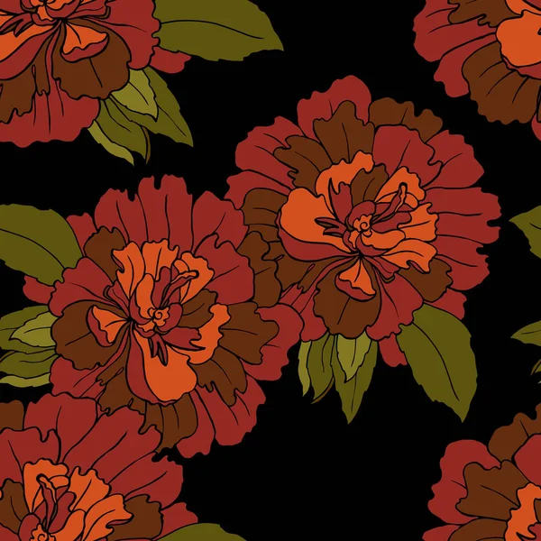 Decorative Flowers Peony Black Background Floral Seamless Pattern — Stock Photo, Image