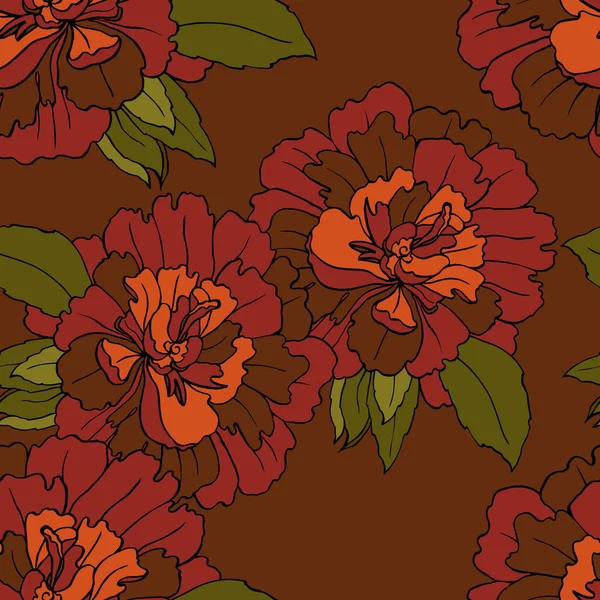 Decorative Flowers Peony Brown Background Floral Seamless Pattern — Stock Photo, Image