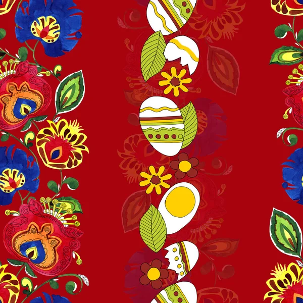 Paskalya Bayramı Için Dekoratif Çiçeklerin Dikey Çizgileri Yumurtalar Kırmızı Arkaplanda — Stok fotoğraf