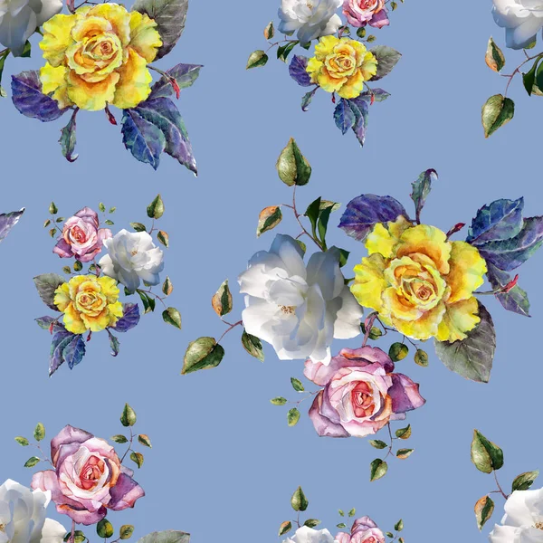 Different Roses Blue Background Flowers Painting Watercolor Photo Floral Seamless — Stock Photo, Image