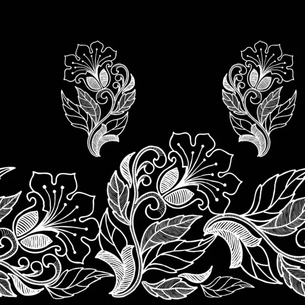 Graphic White Lace Flowers Horizontal Stripe Seamless Pattern Black Background — Stock Photo, Image