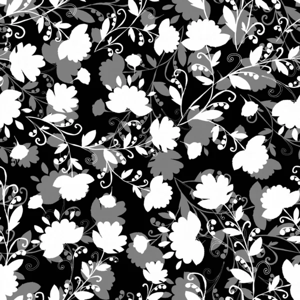 Dekorativní Květiny Ozdoba Květin Listí Černém Pozadí Černobílý Bezešvý Vzor — Stock fotografie
