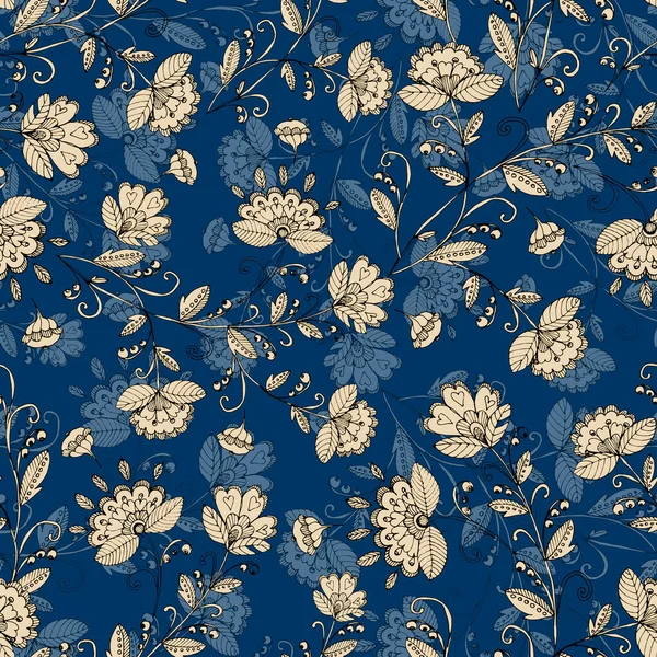 Decorative Flowers Ornament Flowers Leaves Blue Background Floral Seamless Pattern — Stock Photo, Image