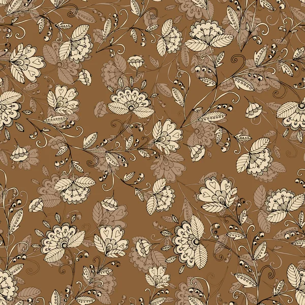 Decorative Flowers Ornament Flowers Leaves Brown Background Floral Seamless Pattern — Stock Photo, Image