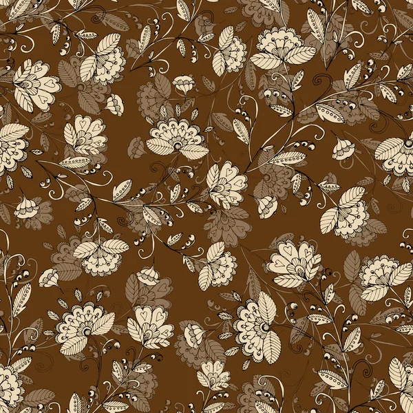 Dekorativní Květiny Ozdoba Květin Listí Hnědém Pozadí Bezešvé Květinové Vzory — Stock fotografie