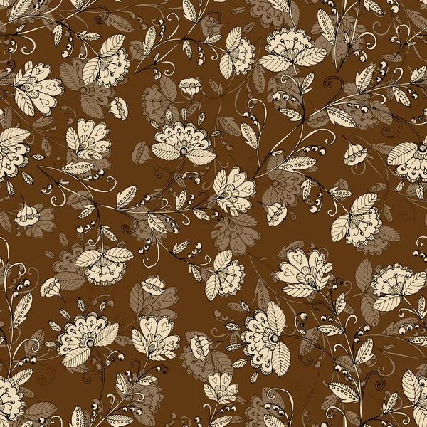 Decorative Flowers Ornament Flowers Leaves Brown Background Floral Seamless Pattern — Stock Photo, Image