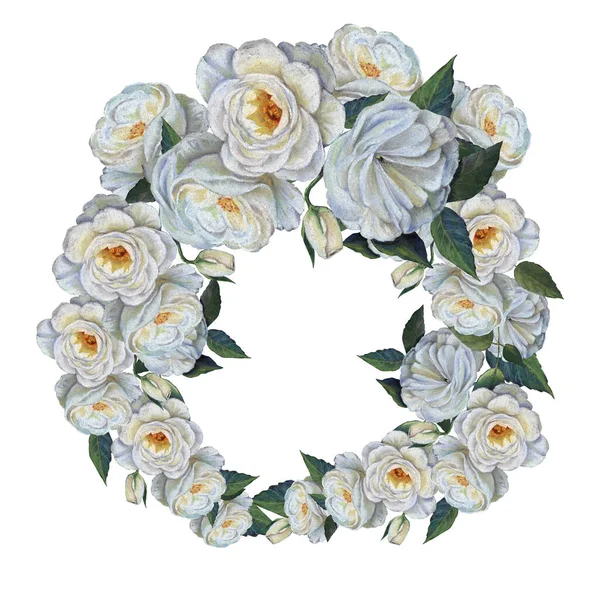 White Flowers Rose Drawing Pastel Floral Wreath Your Project — стоковое фото