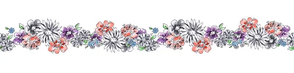 Grahic Flowers Seamless Pattern Floral Garland White Background — ストック写真