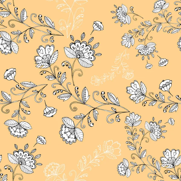 Graphic Meadow Flowers Orange Background Floral Seamless Pattern — Stock Vector