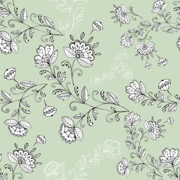 Grafisk Äng Blommor Grön Bakgrund Blommigt Sömlöst Mönster Vektorillustration — Stock vektor