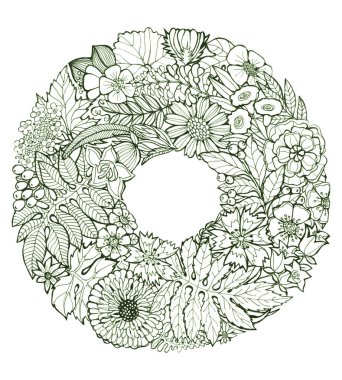 Grafiksel çayır çiçekleri yapraklarla armuttur. Beyaz arkaplanda bahar çelengi.