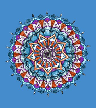 Mavi arkaplanda soyut desen. Renkli mandala çizimi. 