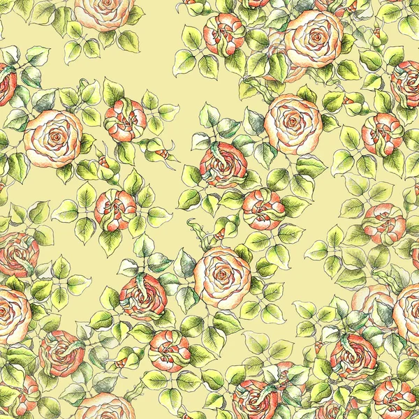 Watercolor Branch Flowers Rose Leaves Spring Seamless Pattern Yellow Background — 图库照片