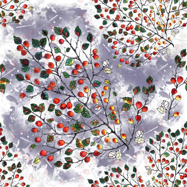 Watercolor Branch Red Berry Leaves Winter Seamless Pattern Watercolor Splash — Foto Stock