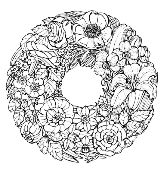 Yapraklı grafiksel bahçe çiçekleri. Beyaz arkaplanda bahar çelengi.