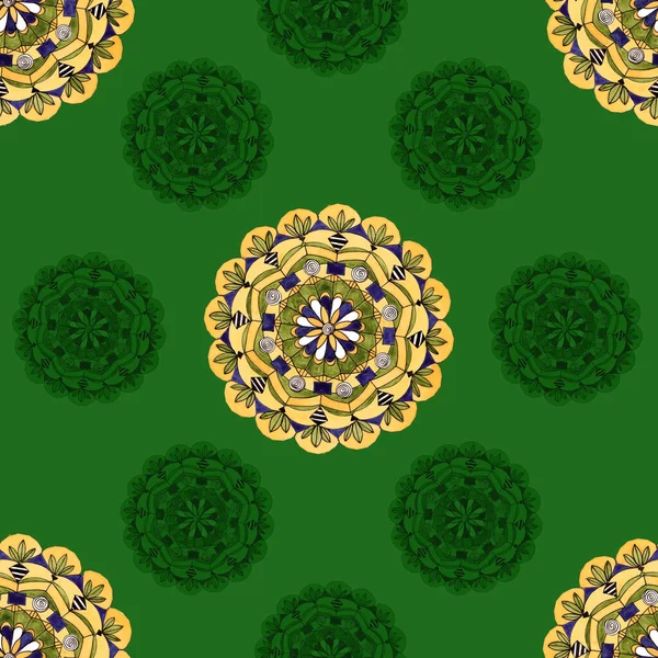 Decorative Mandala Drawing Color Pencils Green Background Seamless Pattern — 스톡 사진