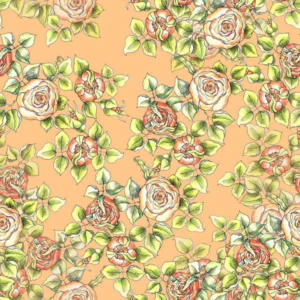 Watercolor Blooming Flowers Rose Foliage Orange Background Seamless Pattern Floral — Zdjęcie stockowe
