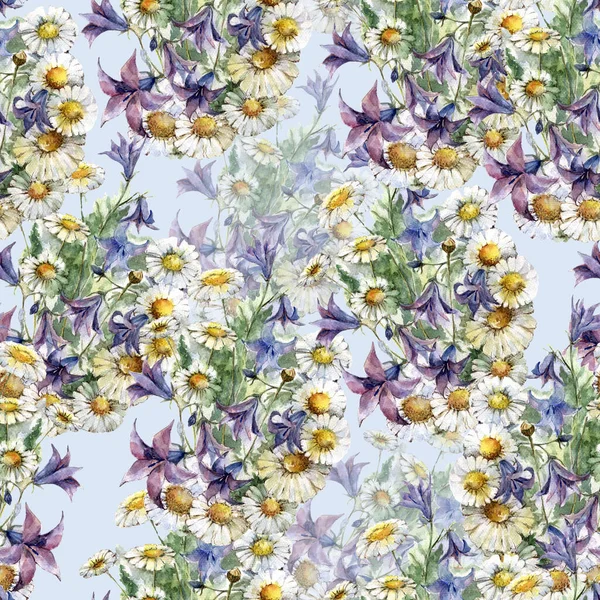 Watercolor Blooming Field Flowers Foliage Blue Background Seamless Pattern Floral — Stockfoto