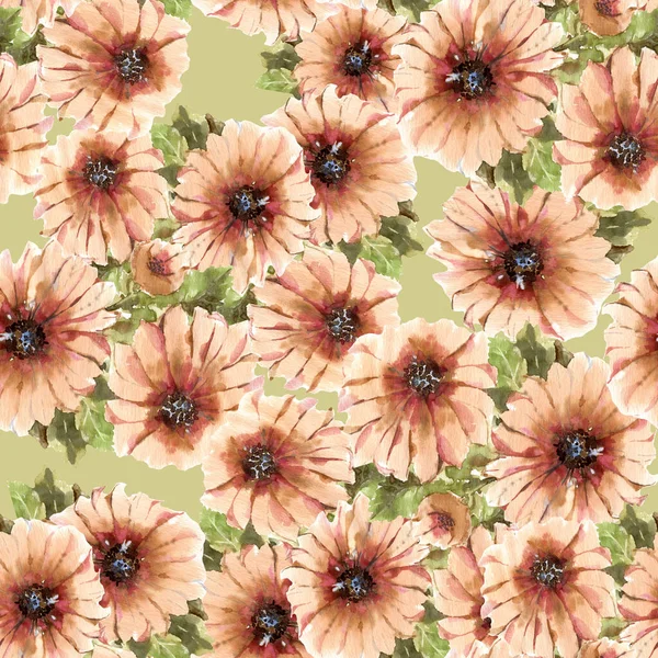 Watercolor  blooming flowers  with foliage on green background. Seamless pattern  with floral composition for decorations textiles and papers.
