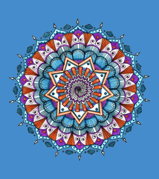 Mavi arkaplanda soyut desen. Renkli mandala çizimi. 