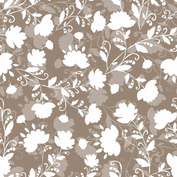Einfarbiges Nahtloses Muster Mit Weißen Blüten Auf Beigem Hintergrund Für — Stockfoto