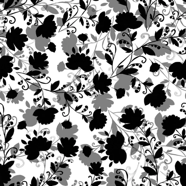 Monochrome Seamless Pattern Black Flowers White Background Design Works — Stock Photo, Image