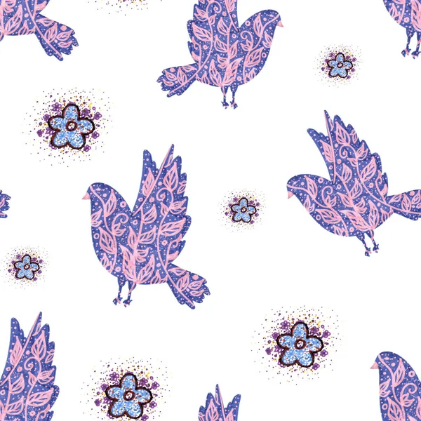 Płynny Wzór Wiosennym Ptakiem Kwiatami Papieru Dekoracyjnego — Zdjęcie stockowe