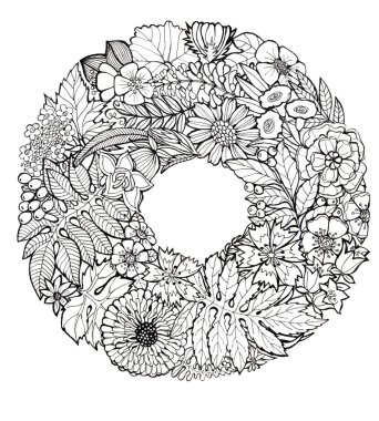  Beyaz arka planda klasik çizim. Mürekkeple çizilmiş çelenk. Tek renkli renkler.