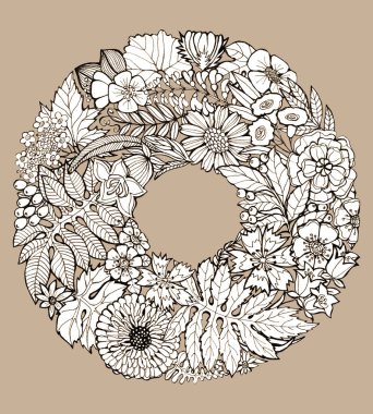  Bej arka planda klasik çizim. Mürekkeple çizilmiş çelenk. Tek renkli renkler.