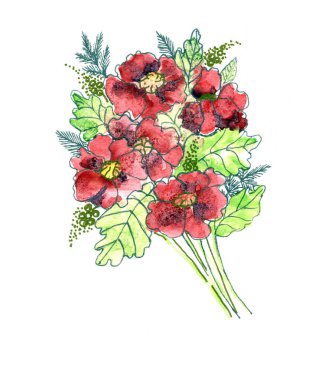 Beyaz arka planda suluboya ile boyanmış çayır çiçekleri. Dekorasyon için resim.