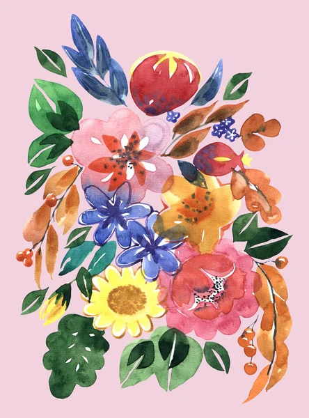 Цветы Луга Окрашены Акварель Розовом Фоне Иллюстрация Оформления — стоковое фото