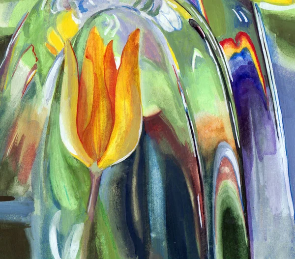 Samenstelling Met Bloemtulp Glazen Ondergrond Illustratie Gemaakt Aquarel — Stockfoto