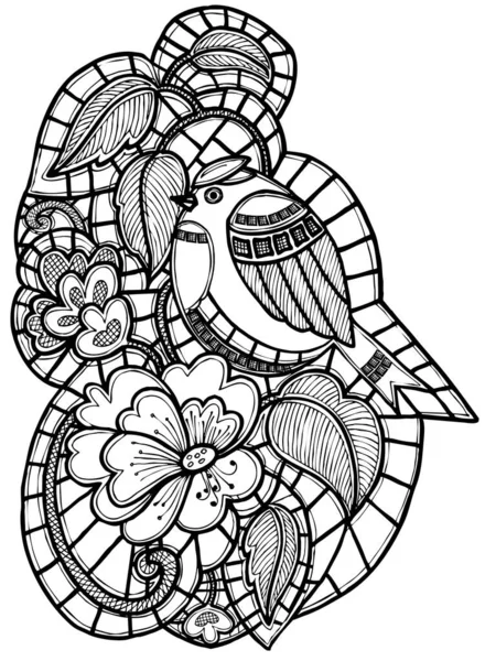 Graphic openwork bird and flowers for printed and design. Monochrome ornament on white background.