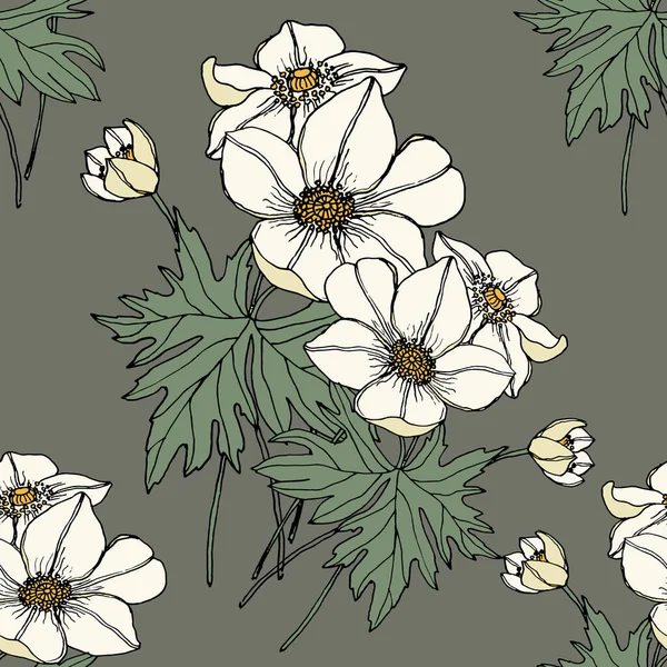 Декоративна Квітка Анемона Дизайну Орнамент Квітів Листя Сірому Фоні Квітковий — стоковий вектор