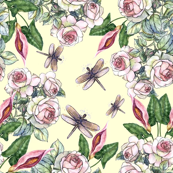 Flowers Rose Dragonfly Painted Watercolor Seamless Pattern Cream Background Illustration — ストック写真