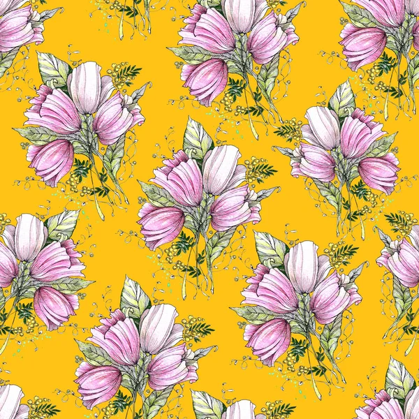 Flowers with leaves draw in colored pencils and ink. Spring composition. Seamless pattern on yellow background.