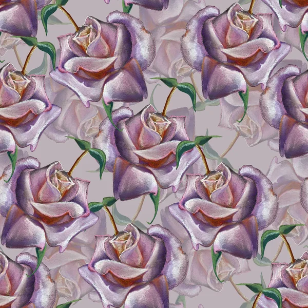 Flowers rose with leaves draw in colored pencils. Spring composition. Seamless pattern on pink background.