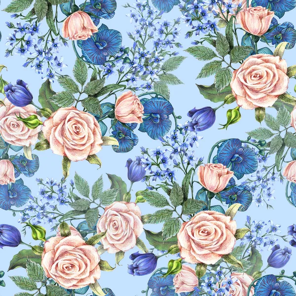 水彩で描かれた草原の花 青い背景のシームレスなパターン 装飾用イラスト — ストック写真